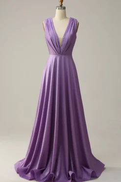 Purple Deep V-neck Sparkly Prom Dress
