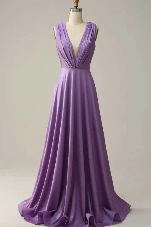 Purple Deep V-neck Sparkly Prom Dress