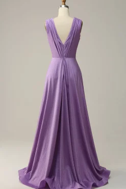 Purple Deep V-neck Sparkly Prom Dress