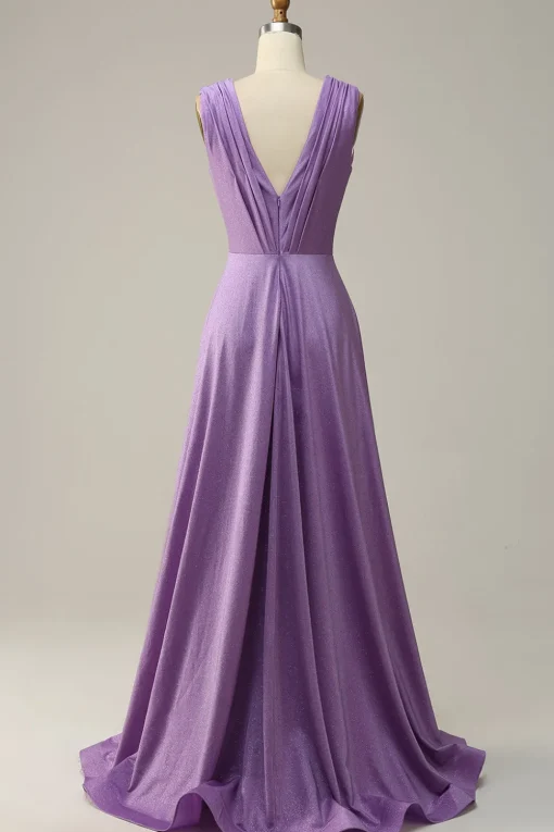 Purple Deep V-neck Sparkly Prom Dress