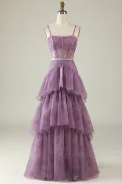 Purple Floral Print Spaghetti Straps Tulle Corset Prom Dress