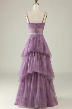 Purple Floral Print Spaghetti Straps Tulle Corset Prom Dress