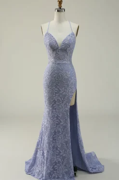 Purple Lace Mermaid Prom Dress with Slit