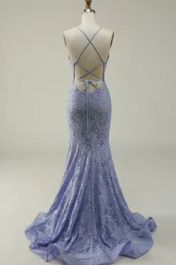 Purple Lace Mermaid Prom Dress with Slit