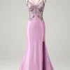 Purple Mermaid Backless Spaghetti Straps Butterflies Prom Dress