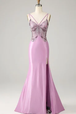 Purple Mermaid Backless Spaghetti Straps Butterflies Prom Dress