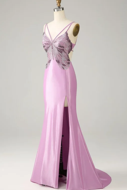 Purple Mermaid Backless Spaghetti Straps Butterflies Prom Dress