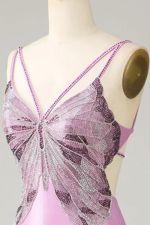Purple Mermaid Backless Spaghetti Straps Butterflies Prom Dress