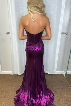 Purple Mermaid Sparkly Strapless Corset Prom Dress with Slit
