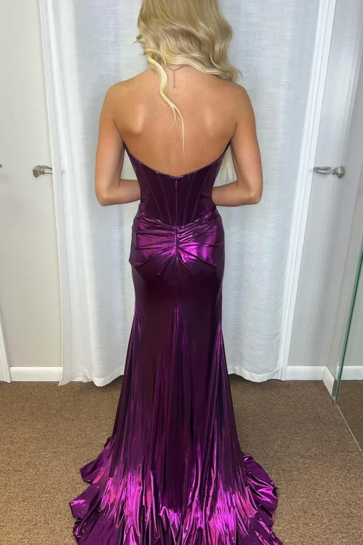 Purple Mermaid Sparkly Strapless Corset Prom Dress with Slit
