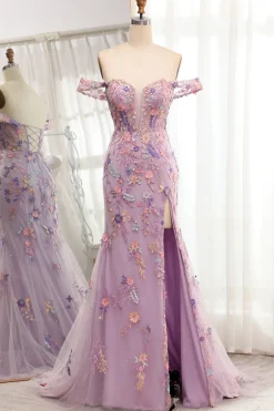 Purple Off the Shoulder Long Appliques Mermaid Prom Dress with Slit