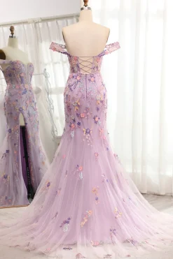 Purple Off the Shoulder Long Appliques Mermaid Prom Dress with Slit