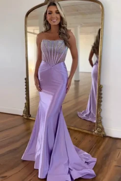 Purple Sparkly Beaded Corset Strapless Prom Dress