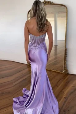 Purple Sparkly Beaded Corset Strapless Prom Dress