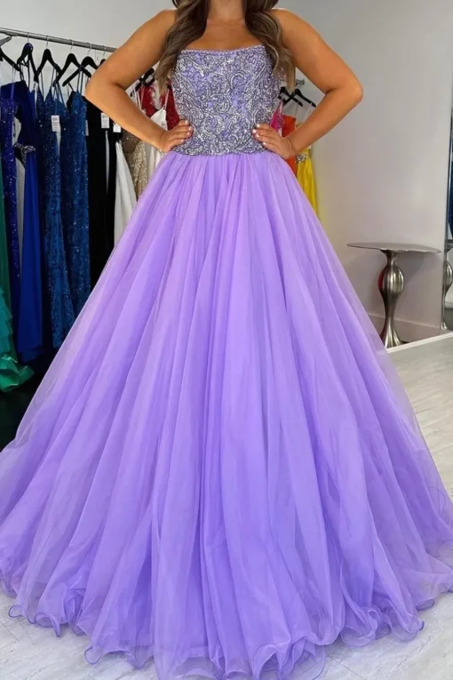 Purple Tulle Appliques A Line Prom Dress