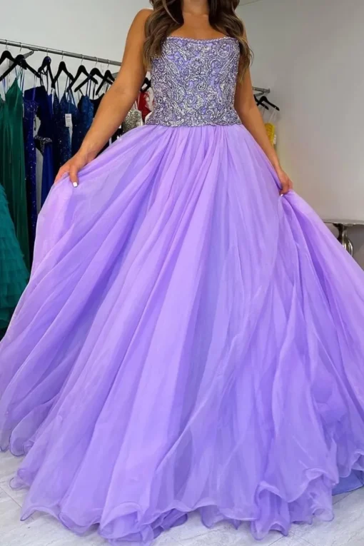 Purple Tulle Appliques A Line Prom Dress