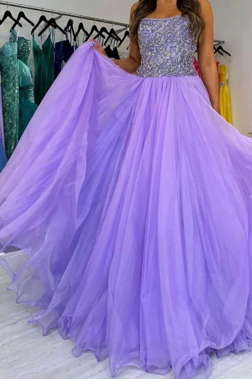 Purple Tulle Appliques A Line Prom Dress