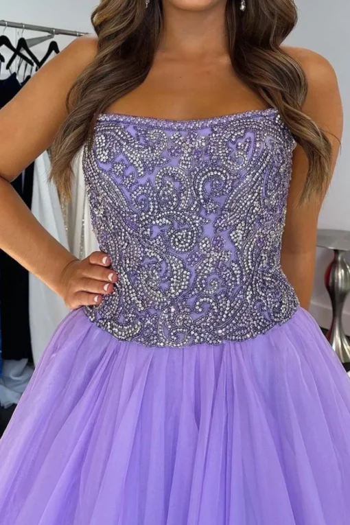 Purple Tulle Appliques A Line Prom Dress