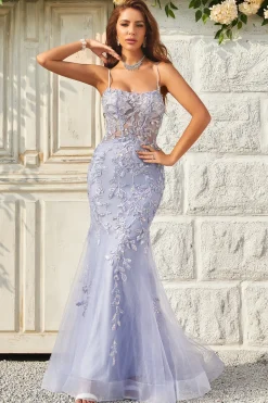 Purple Tulle Beaded Mermaid Prom Dress with Appliques
