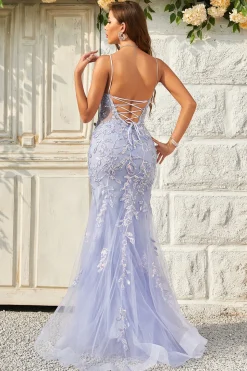 Purple Tulle Beaded Mermaid Prom Dress with Appliques