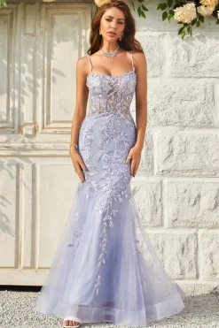 Purple Tulle Beaded Mermaid Prom Dress with Appliques