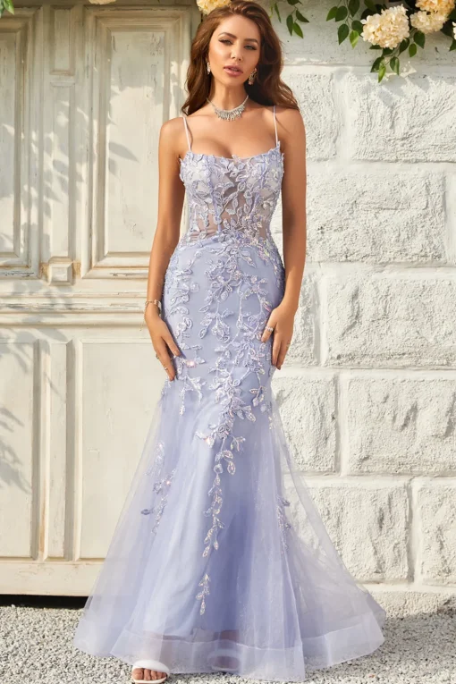 Purple Tulle Beaded Mermaid Prom Dress with Appliques