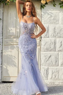 Purple Tulle Beaded Mermaid Prom Dress with Appliques