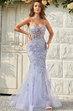 Purple Tulle Beaded Mermaid Prom Dress with Appliques