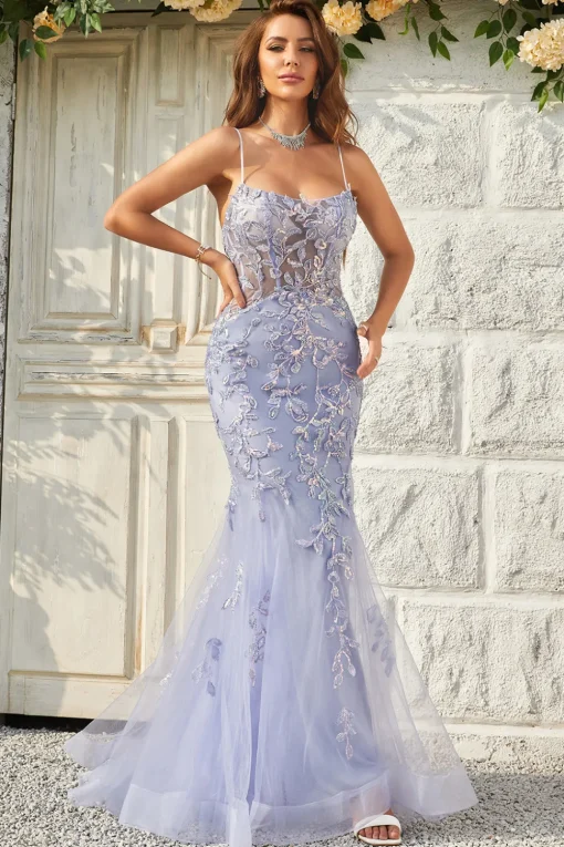 Purple Tulle Beaded Mermaid Prom Dress with Appliques