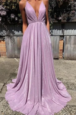 Purple V-neck Sparkly Prom Dress