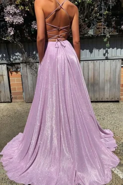 Purple V-neck Sparkly Prom Dress
