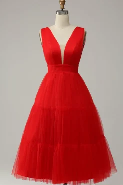 Red A Line Deep V Neck Midi Prom Dress with Open Back