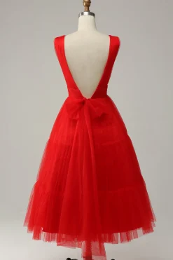Red A Line Deep V Neck Midi Prom Dress with Open Back
