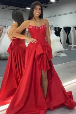 Red A Line Strapless Corset Long Prom Dress with Slit