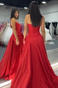 Red A Line Strapless Corset Long Prom Dress with Slit