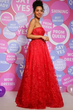 Red A Line Strapless Princess Corset Prom Dress