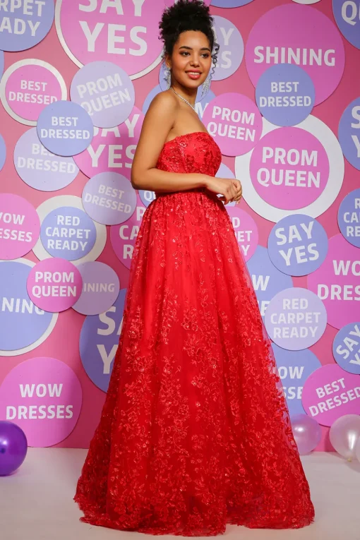 Red A Line Strapless Princess Corset Prom Dress