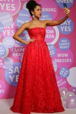 Red A Line Strapless Princess Corset Prom Dress