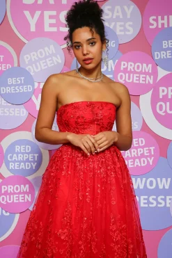 Red A Line Strapless Princess Corset Prom Dress