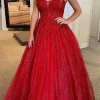 Red A-line Backless Glitter Princess Prom Dress with Beading