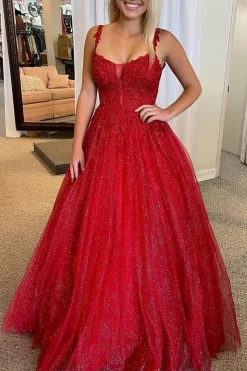 Red A-line Backless Glitter Princess Prom Dress with Beading