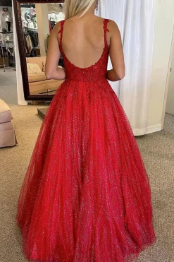 Red A-line Backless Glitter Princess Prom Dress with Beading