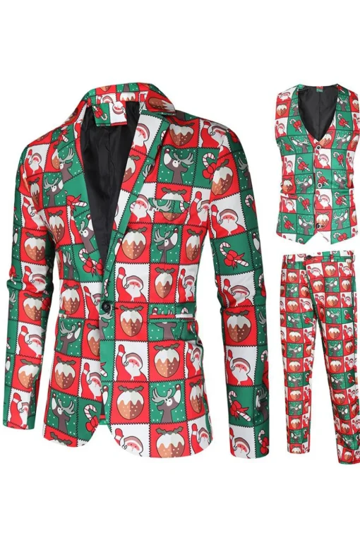 Red and Green 3 Piece Christmas Party Men's Suits
