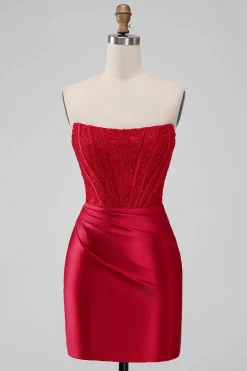 Red Corset Strapless Short Graduation Dress with Appliques