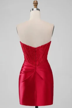 Red Corset Strapless Short Graduation Dress with Appliques