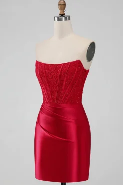 Red Corset Strapless Short Graduation Dress with Appliques