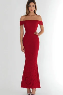 Red Lace Off the Shoulder Prom Dress