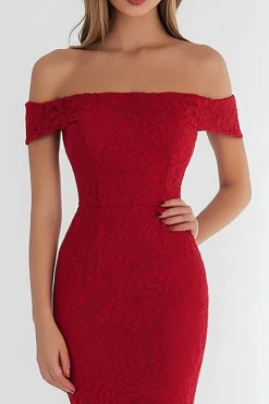 Red Lace Off the Shoulder Prom Dress