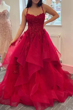 Red Layered Princess Prom Dress with Appliques