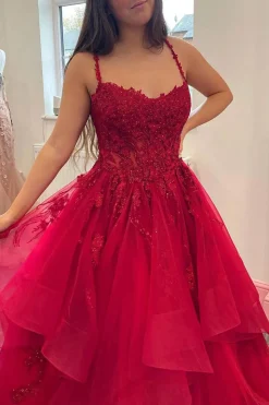 Red Layered Princess Prom Dress with Appliques